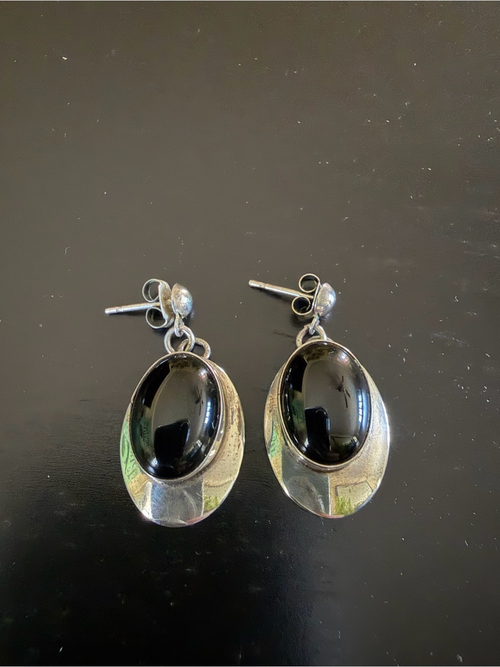 Sterling Silver Black Onyx Drop Earrings - Elegant Black Oval Dangles - Picture 3 of 4